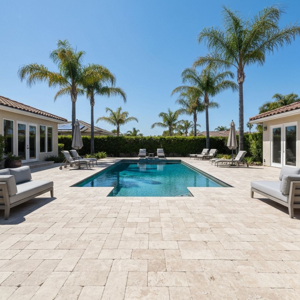 Resort-Style Pool Deck with Travertine Pavers - outdoor remodeling project in La Jolla, San Diego County